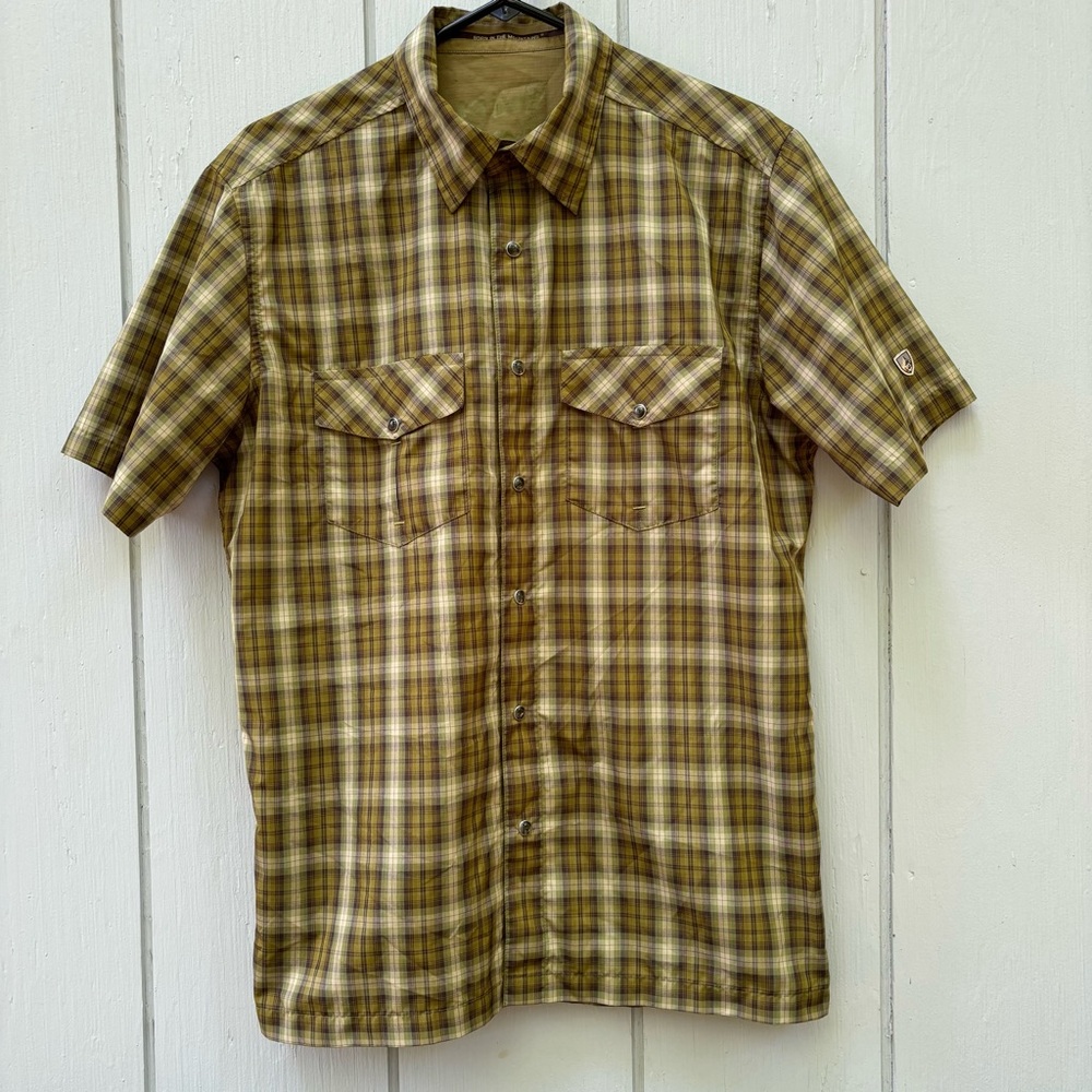 KUHL—Short-Sleeve Hiking Shirt—Men’s Medium (Neck: 16.5)—Gray Check—Snap Buttons
